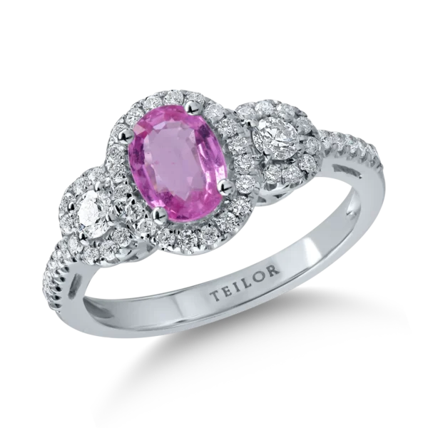 Inel din aur alb cu safir roz oval de 0.99ct si diamante de 0.5ct