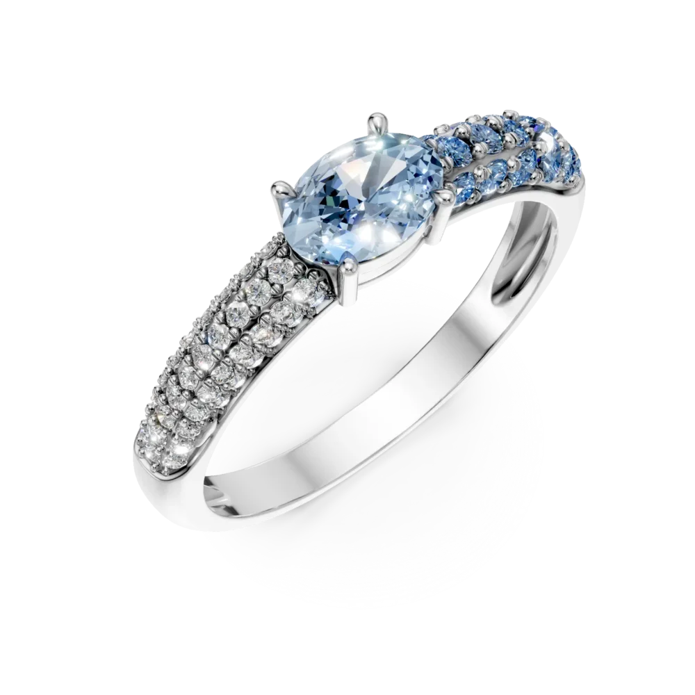 Inel din aur alb cu safire ovale si rotunde de 0.9ct si diamante de 0.1ct