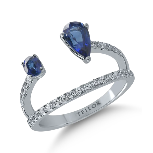 Inel din aur alb cu safire pear si rotunde de 1.1ct si diamante de 0.38ct