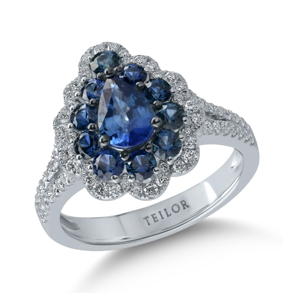 Inel din aur alb cu safire pear si rotunde de 1.58ct si diamante de 0.4ct