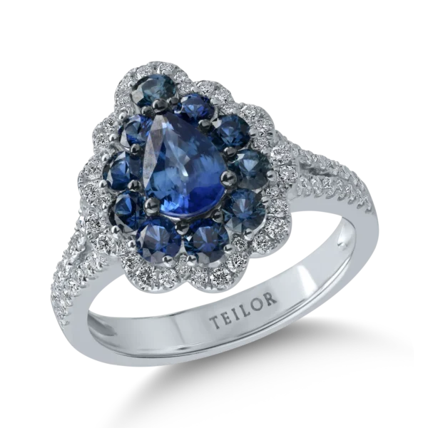 Inel din aur alb cu safire pear si rotunde de 1.58ct si diamante de 0.4ct