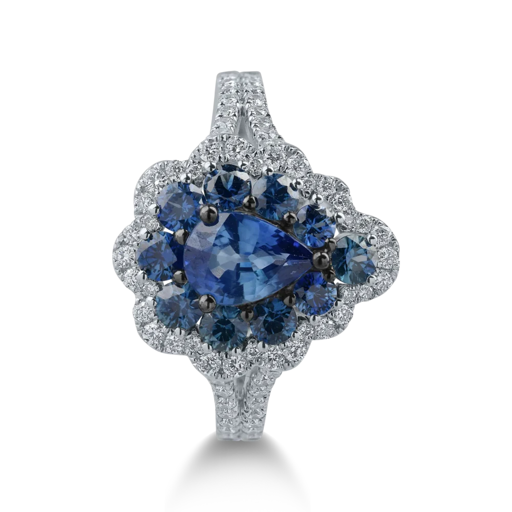 Inel din aur alb cu safire pear si rotunde de 1.58ct si diamante de 0.4ct - imagine 2