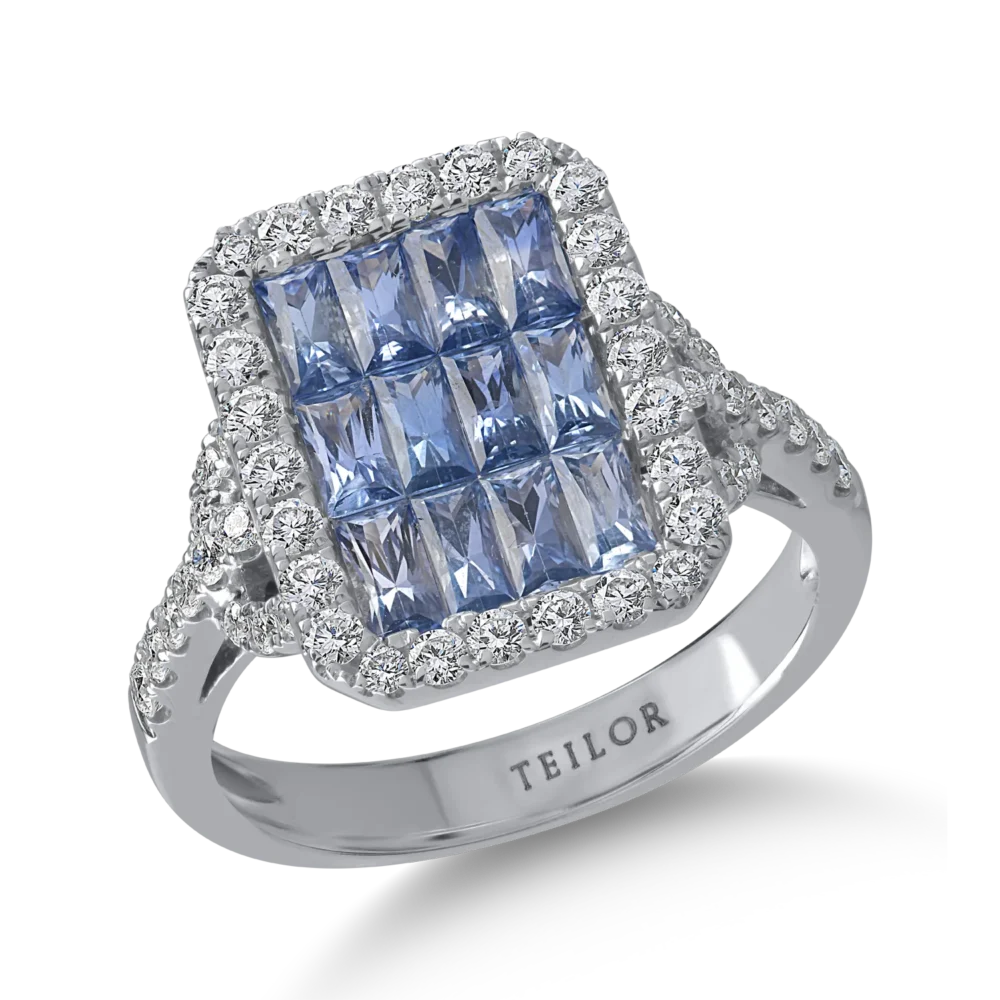 Inel din aur alb cu safire octogonale de 1.65ct si diamante de 0.68ct