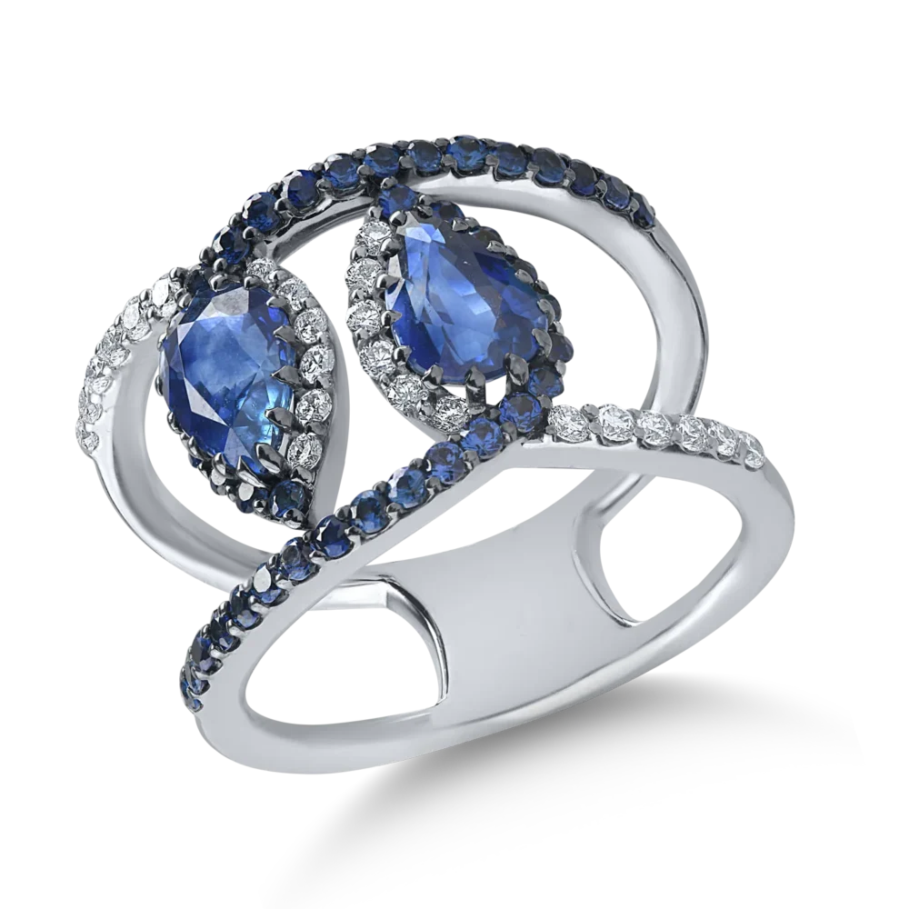 Inel din aur alb cu safire pear si rotunde de 2.33ct si diamante de 0.8ct