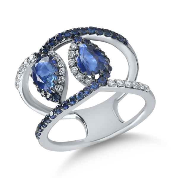 Inel din aur alb cu safire pear si rotunde de 2.33ct si diamante de 0.8ct