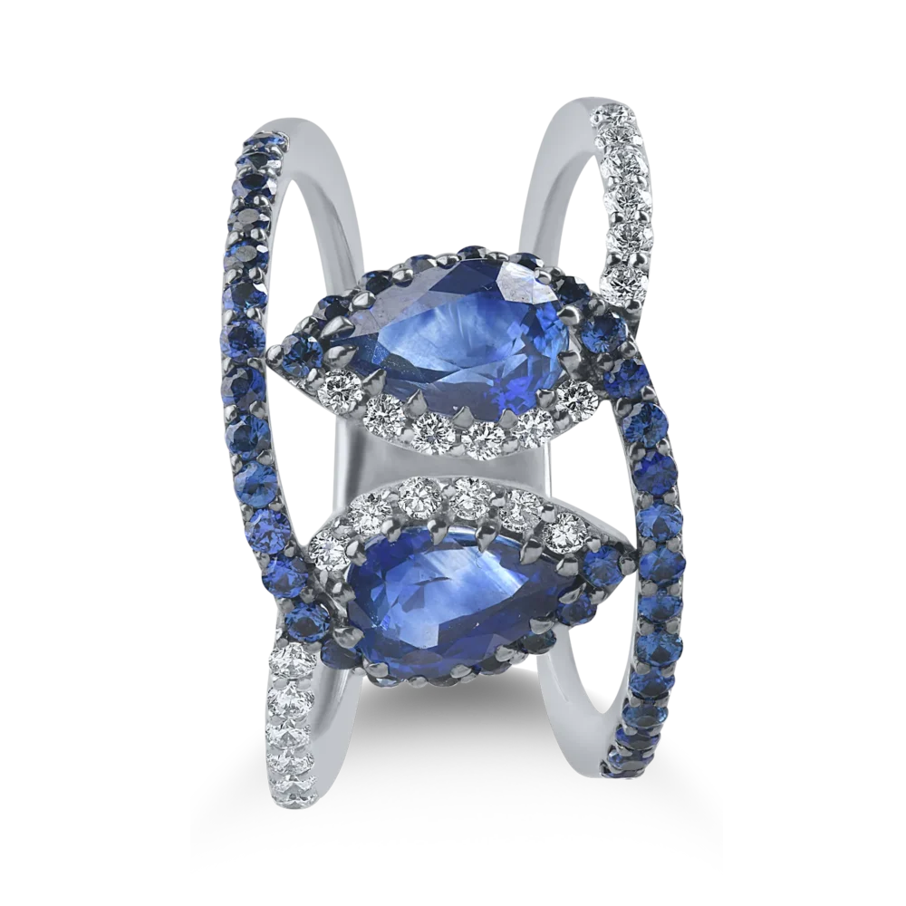 Inel din aur alb cu safire pear si rotunde de 2.33ct si diamante de 0.8ct - imagine 2