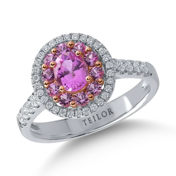 Inel din aur alb cu safire roz ovale si rotunde de 0.97ct si diamante de 0.3ct