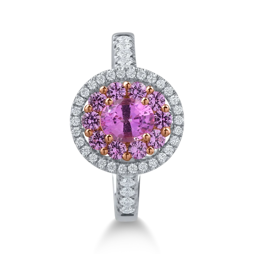 Inel din aur alb cu safire roz ovale si rotunde de 0.97ct si diamante de 0.3ct - imagine 2