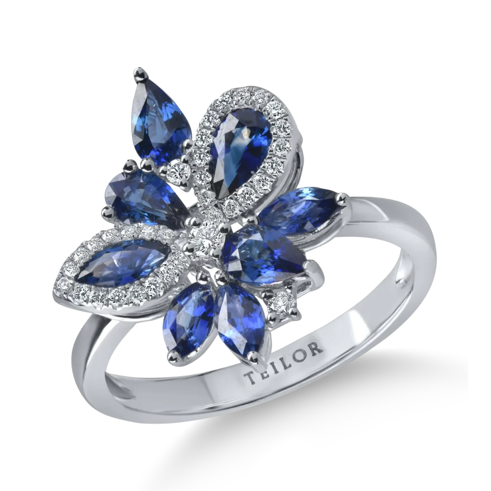 Inel din aur alb cu safire marquise si pear si diamante de 1.6ct