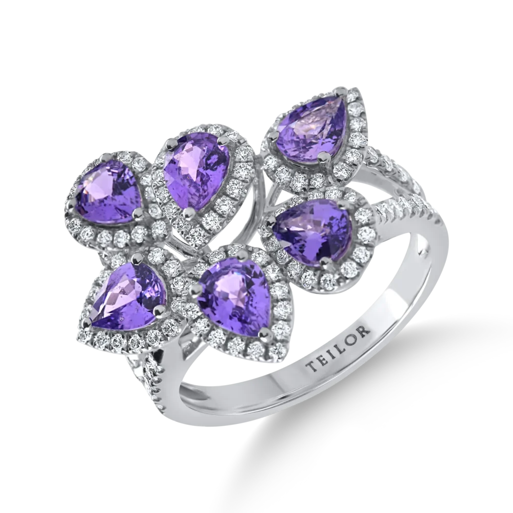 Inel din aur alb cu safire violet pear si diamante de 2.7ct