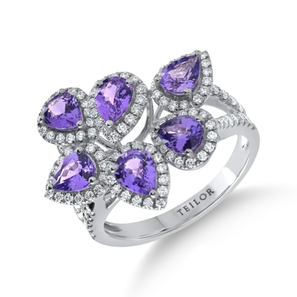 Inel din aur alb cu safire violet pear si diamante de 2.7ct