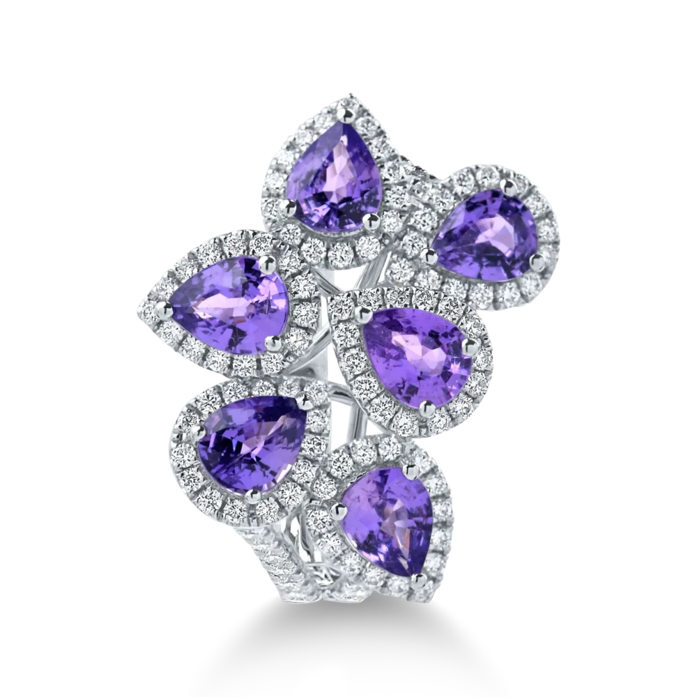 Inel din aur alb cu safire violet pear si diamante de 2.7ct - imagine 2