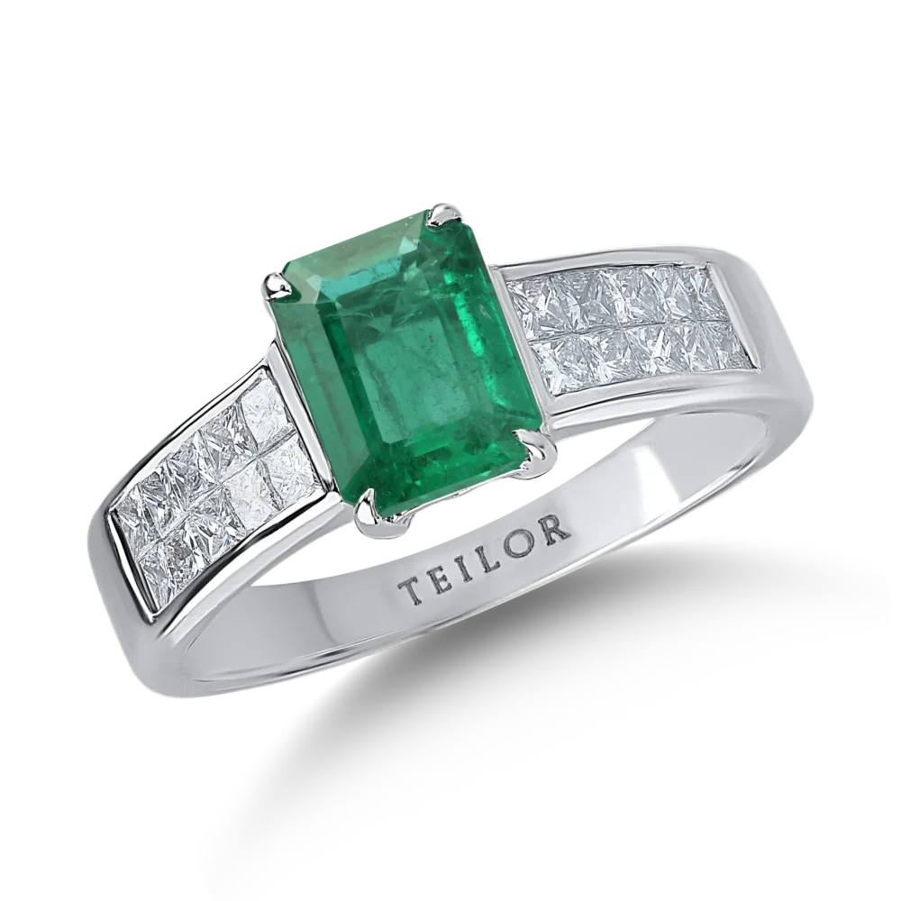 Inel din aur alb cu smarald emerald de 1.49ct si diamante de 0.7ct