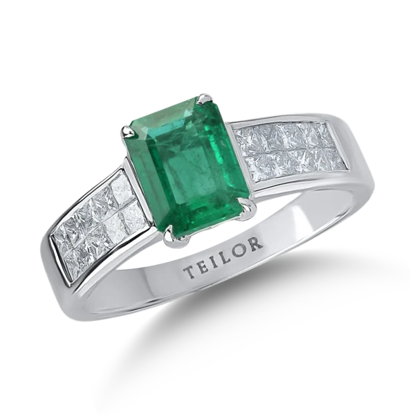 Inel din aur alb cu smarald emerald de 1.49ct si diamante de 0.7ct