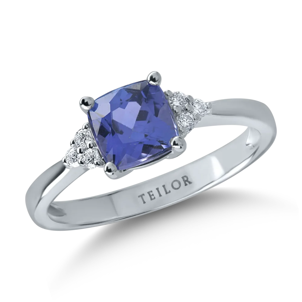 Inel din aur alb cu tanzanit cushion de 1.48ct si diamante de 0.09ct