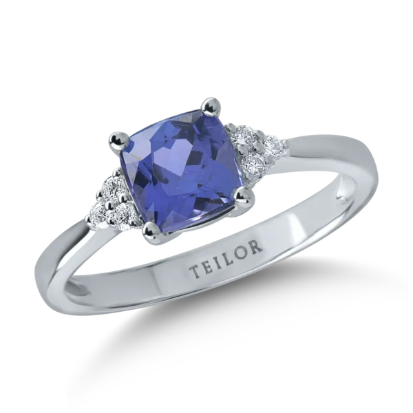 Inel din aur alb cu tanzanit cushion de 1.48ct si diamante de 0.09ct
