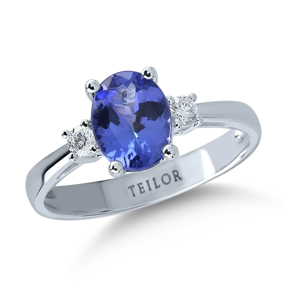 Inel din aur alb cu tanzanit oval de 1.6ct si diamante de 0.1ct