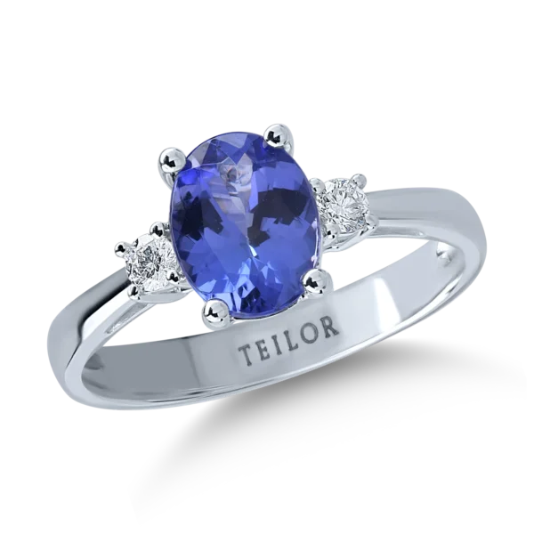 Inel din aur alb cu tanzanit oval de 1.6ct si diamante de 0.1ct