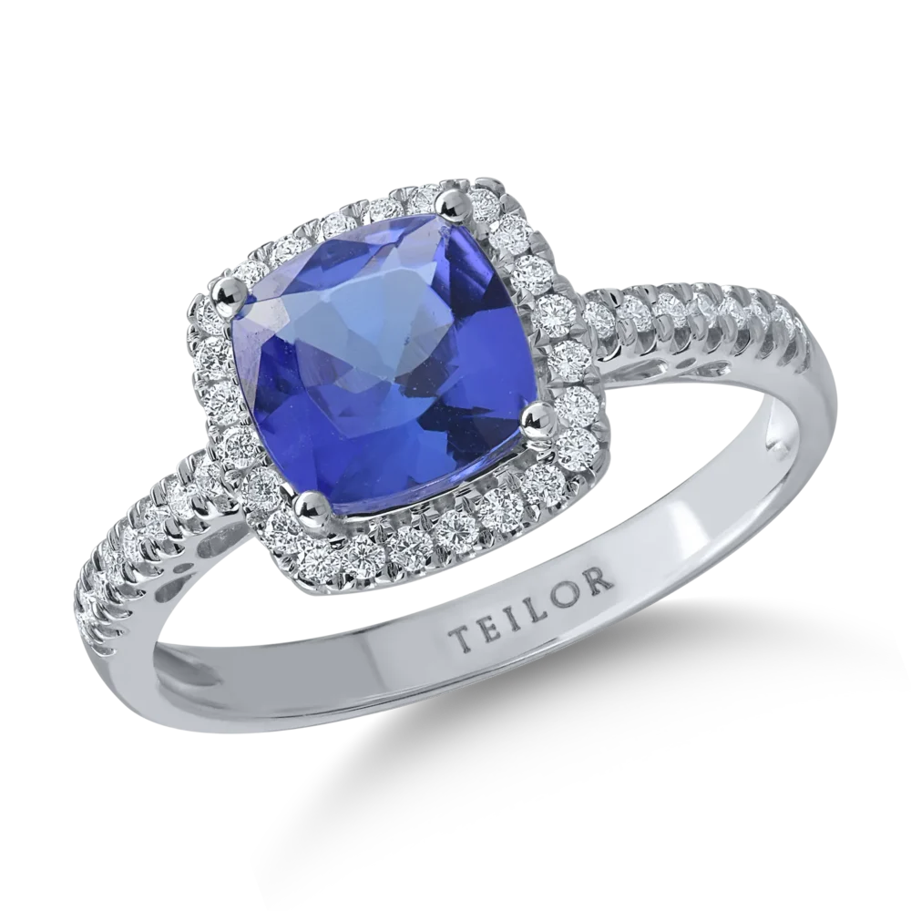 Inel din aur alb cu tanzanit cushion de 1.6ct si diamante de 0.2ct