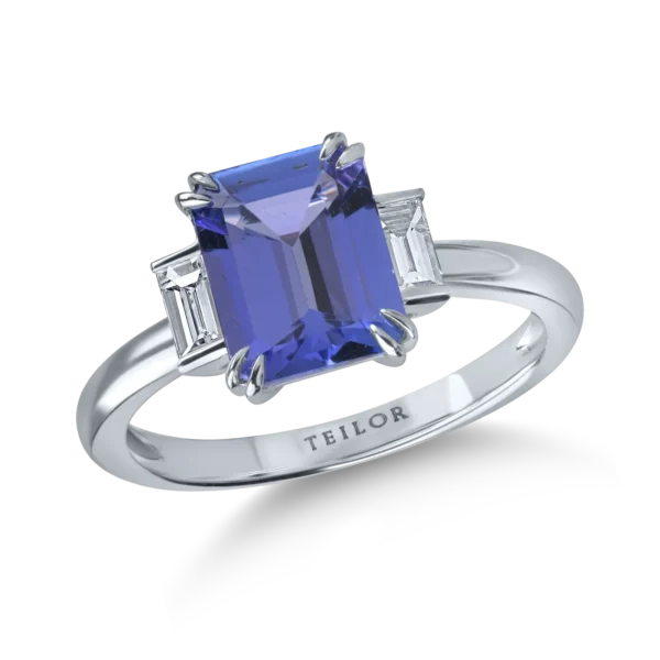 Inel din aur alb cu tanzanit octogonal de 2.1ct si diamante de 0.2ct