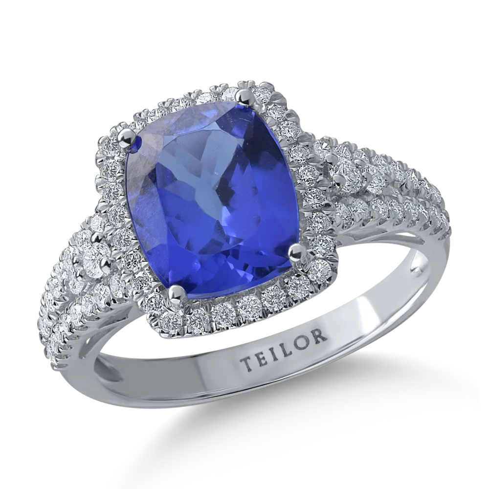 Inel din aur alb cu tanzanit rectangular de 2.89ct si diamante de 0.49ct