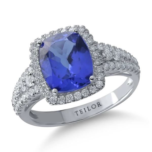 Inel din aur alb cu tanzanit rectangular de 2.89ct si diamante de 0.49ct