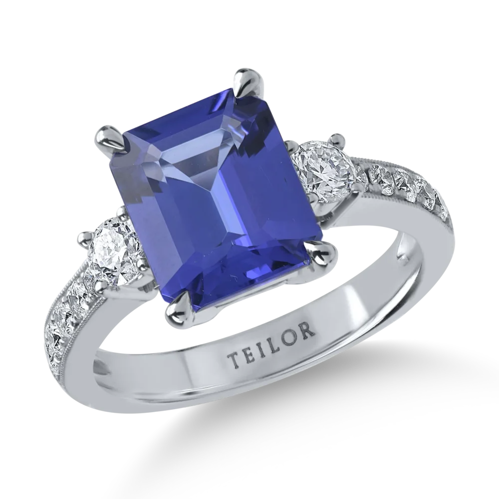 Inel din aur alb cu tanzanit emerald de 3.4ct si diamante de 0.6ct