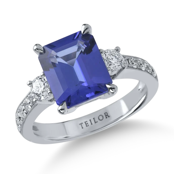 Inel din aur alb cu tanzanit emerald de 3.4ct si diamante de 0.6ct