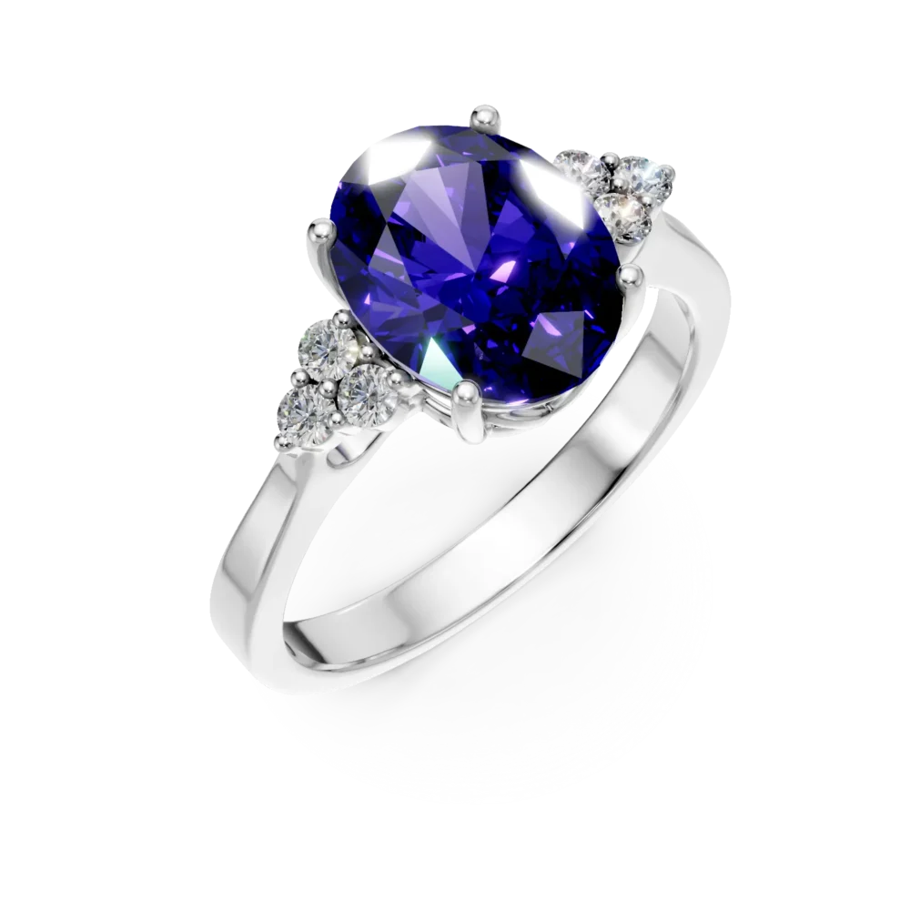 Inel din aur alb cu tanzanit oval de 3.4ct si diamante de 0.1ct