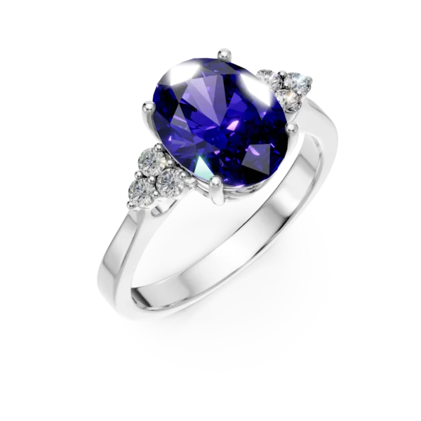 Inel din aur alb cu tanzanit oval de 3.4ct si diamante de 0.1ct