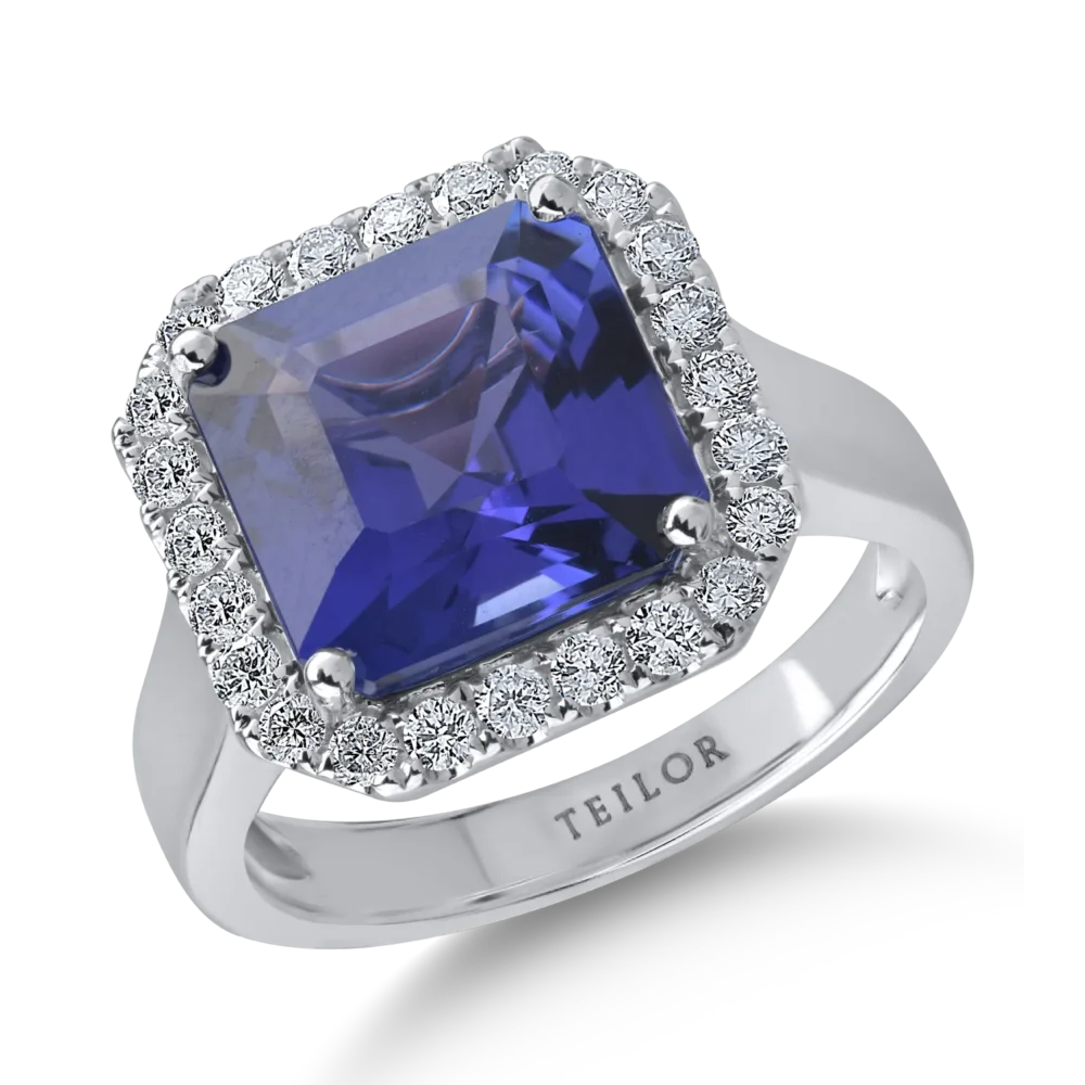 Inel din aur alb cu tanzanit de 5.45ct si diamante de 0.5ct