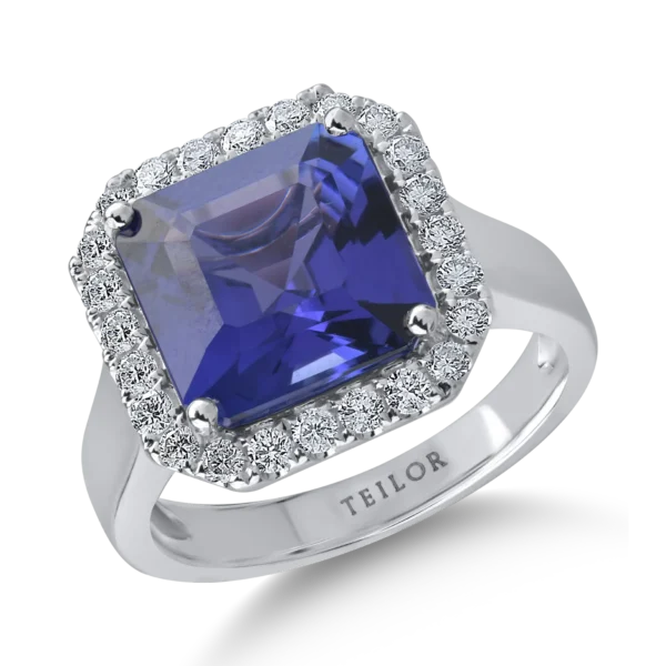 Inel din aur alb cu tanzanit de 5.45ct si diamante de 0.5ct