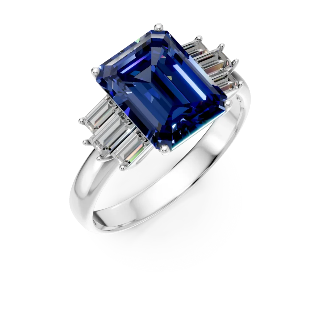 Inel din aur alb cu tanzanit rectangular de 5ct si diamante de 0.57ct