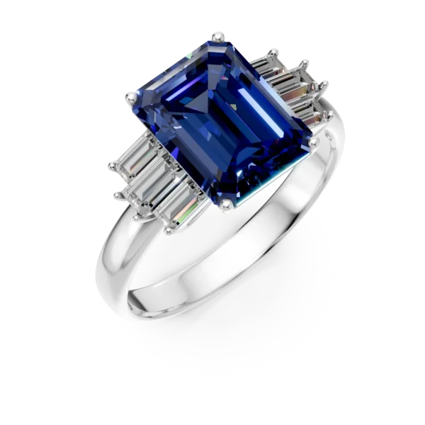 Inel din aur alb cu tanzanit rectangular de 5ct si diamante de 0.57ct