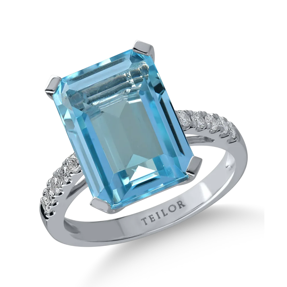 Inel din aur alb cu topaz albastru octogonal de 13.5ct si diamante de 0.22ct