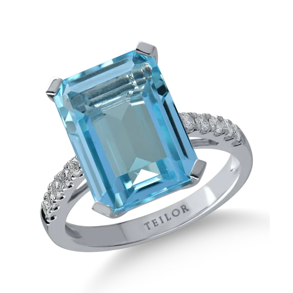 Inel din aur alb cu topaz albastru octogonal de 13.5ct si diamante de 0.22ct