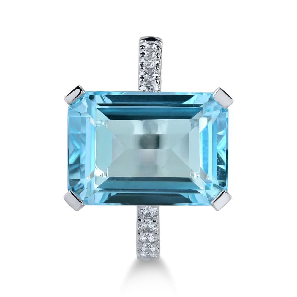 Inel din aur alb cu topaz albastru octogonal de 13.5ct si diamante de 0.22ct - imagine 2