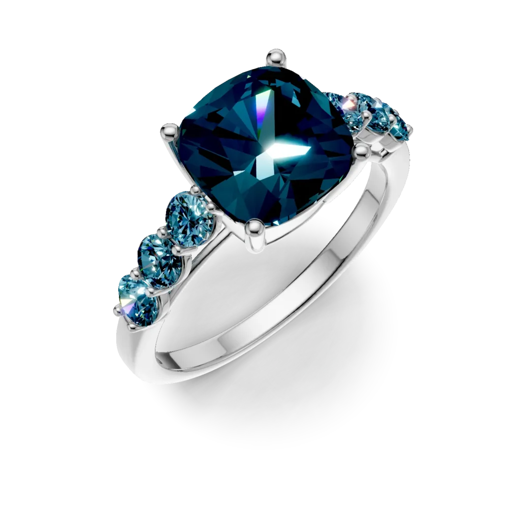 Inel din aur alb cu topaze London blue cushion si rotunde de 5.2ct