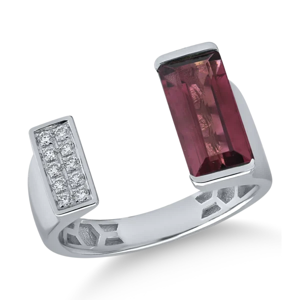 Inel din aur alb cu turmalina roz emerald de 3.4ct si diamante de 0.1ct