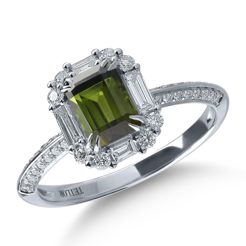 Inel din aur alb cu turmalina verde de 1.12ct si diamante de 0.49ct