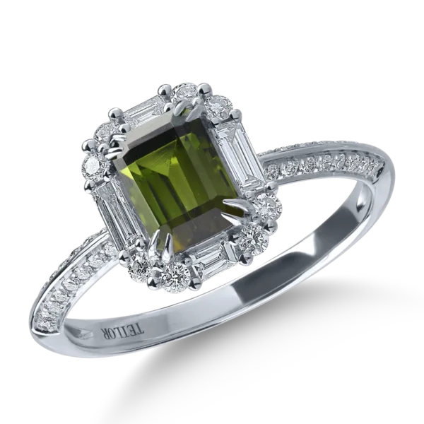 Inel din aur alb cu turmalina verde de 1.12ct si diamante de 0.49ct
