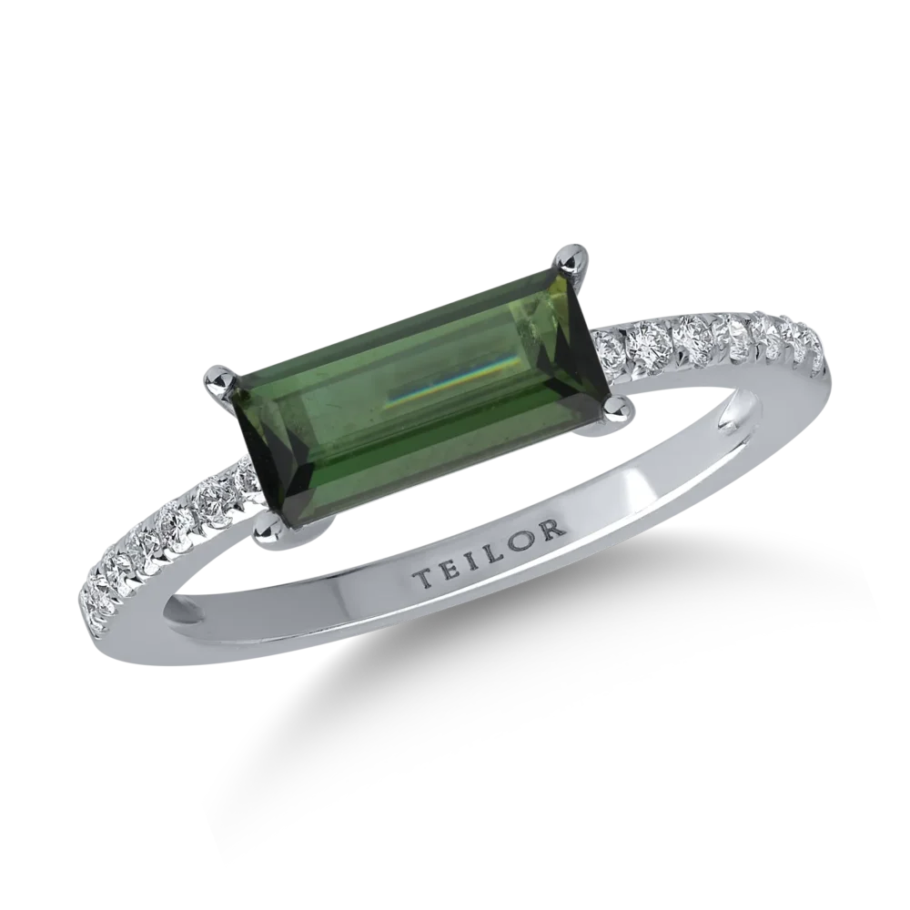 Inel din aur alb cu turmalina verde emerald de 1.7ct si diamante de 0.08ct