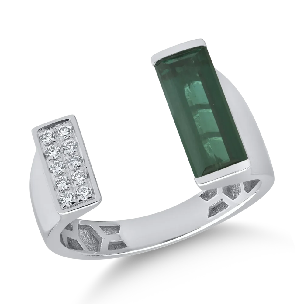 Inel din aur alb cu turmalina verde emerald de 1.7ct si diamante de 0.08ct