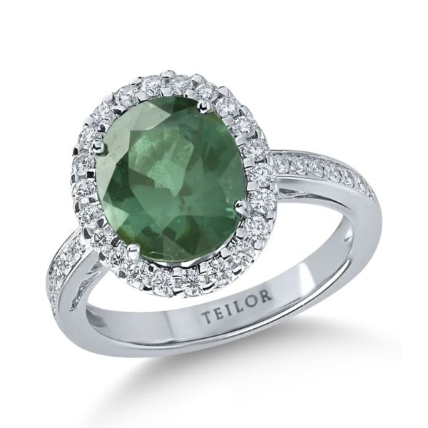 Inel din aur alb cu turmalina verde ovala de 3.1ct si diamante de 0.4ct