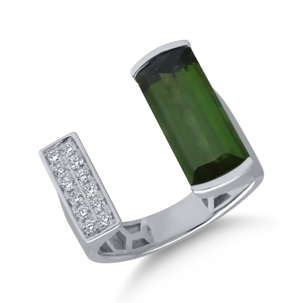 Inel din aur alb cu turmalina verde emerald de 4ct si diamante de 0.1ct