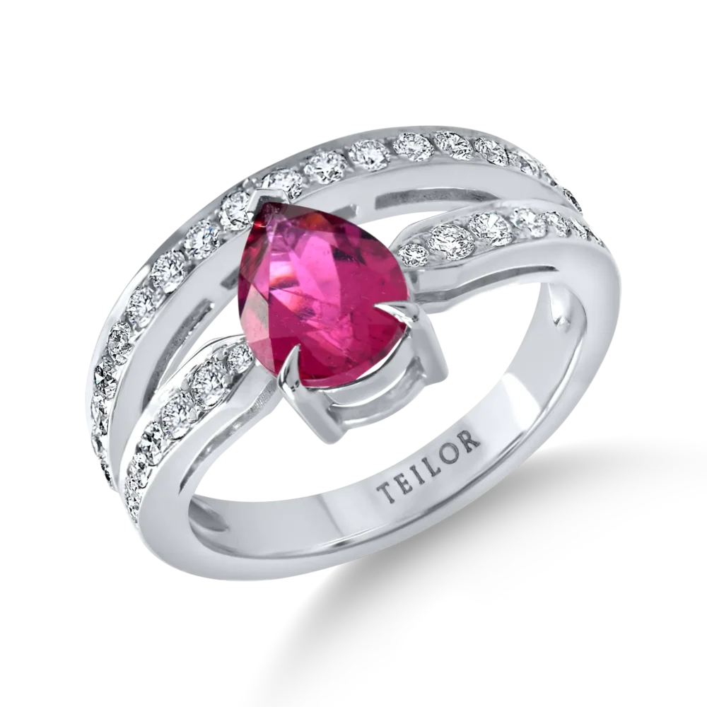 Inel din aur alb cu un rubelit pear si diamante de 1.8ct