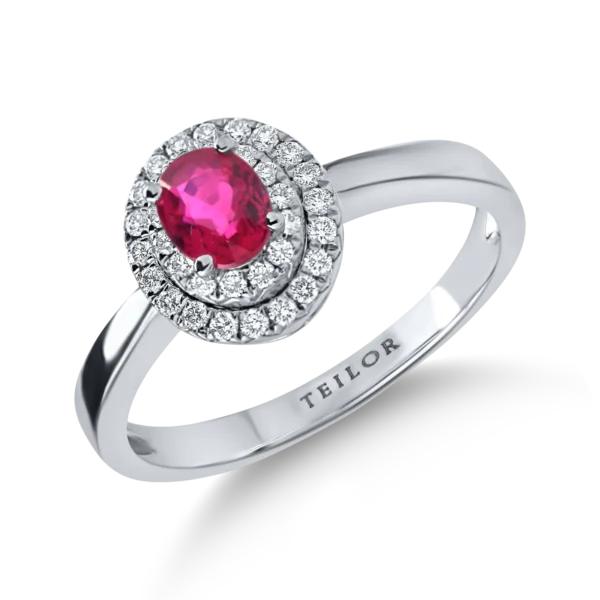Inel din aur alb cu un rubin oval si diamante de 0.7ct