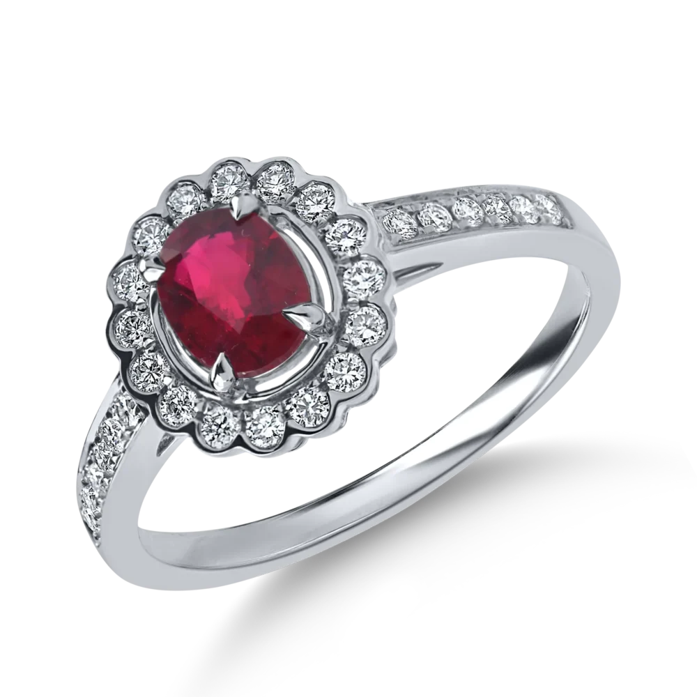 Inel din aur alb cu un rubin oval si diamante de 1ct