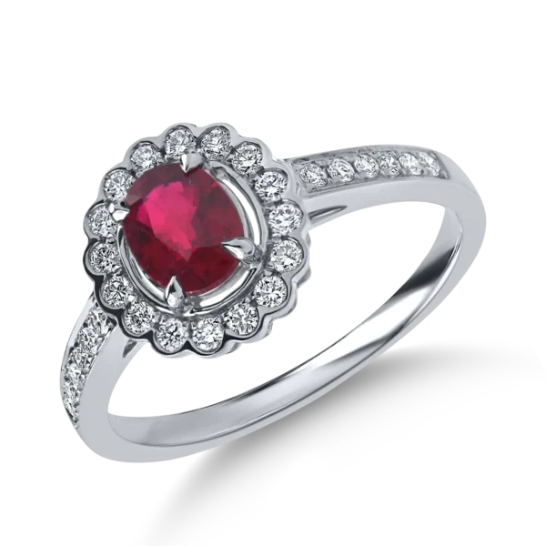 Inel din aur alb cu un rubin oval si diamante de 1ct