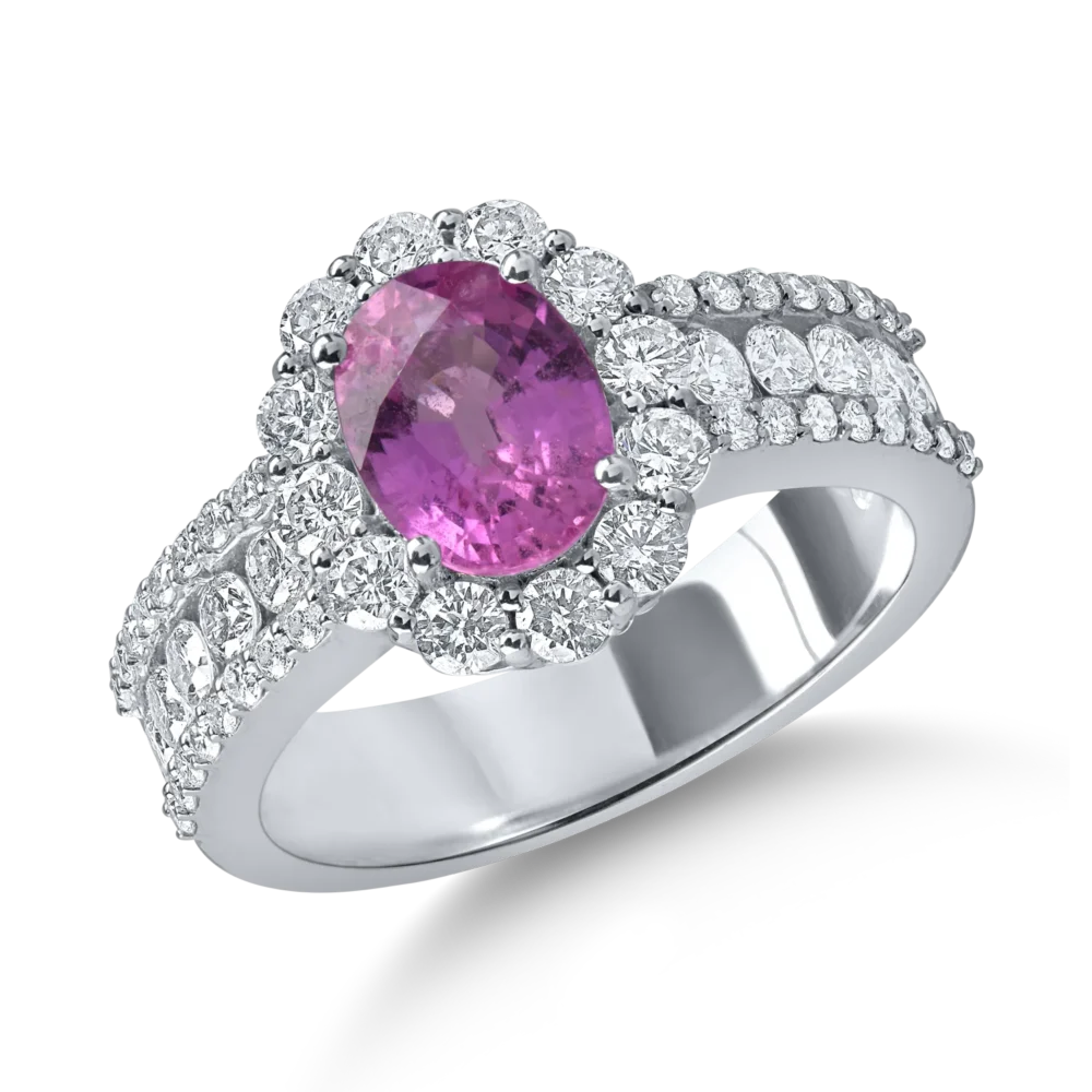Inel din aur alb cu un safir roz oval de 1.69ct si diamante de 1.2ct